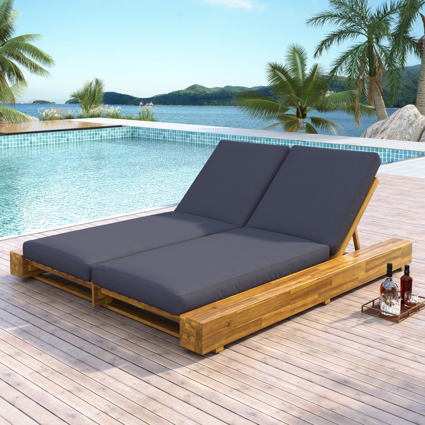 Junipar Outdoor Double Chaise Lounge, Acacia Wood, 4 Position Adjustable Back, 800lbs Capacity
