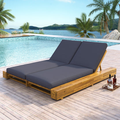 Junipar Outdoor Double Chaise Lounge, Acacia Wood, 4 Position Adjustable Back, 800lbs Capacity