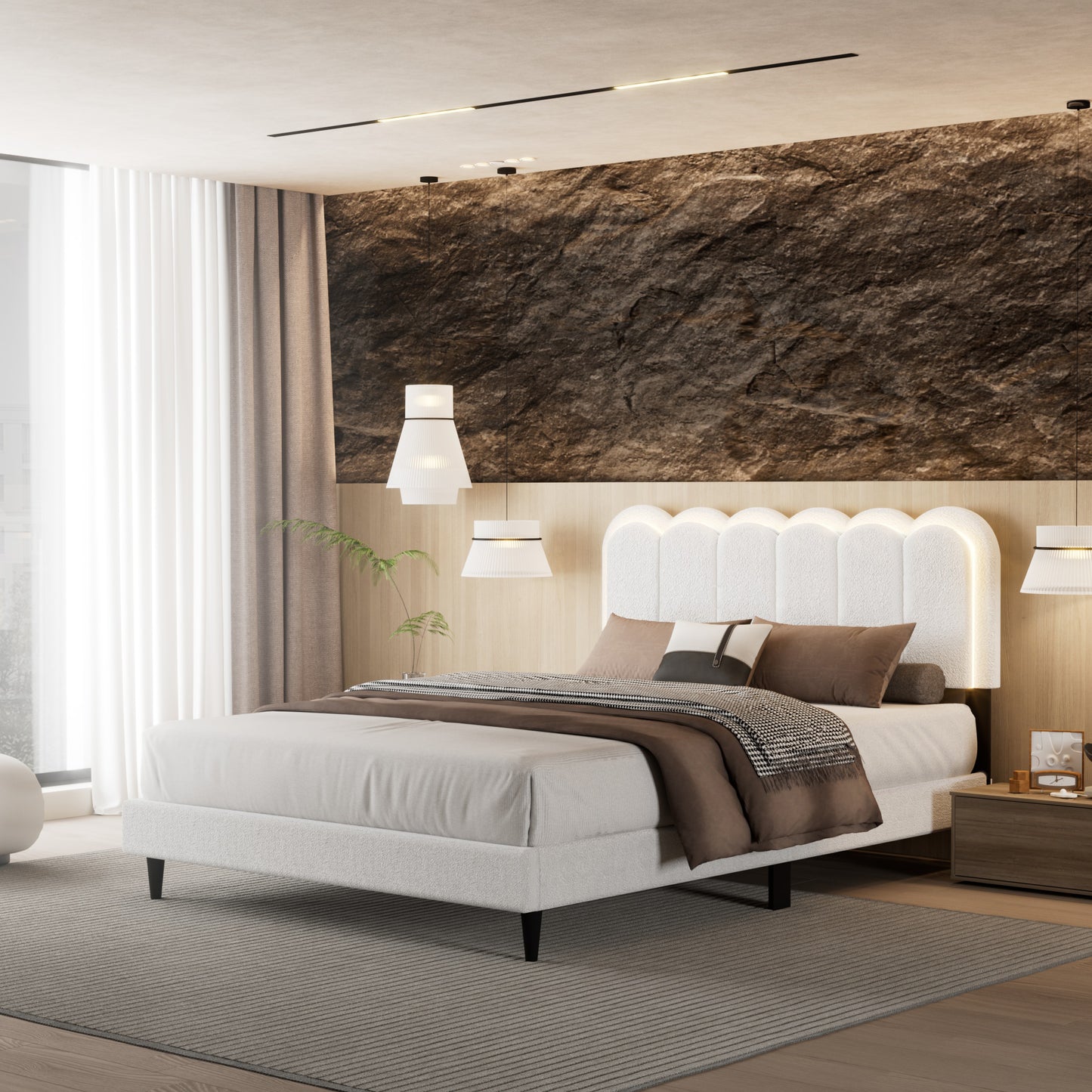 Vegas Lambswool Petal Headboard Bed Frame Cream Style Bedroom Soft Bed with Atmosphere Light