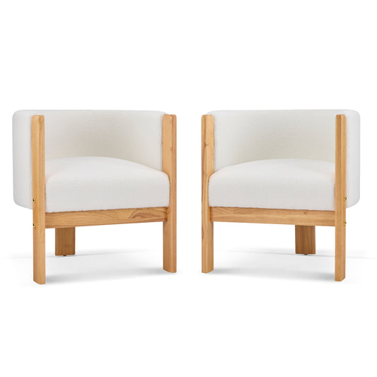 Inara Upholstered Dining Chairs Set of 2, Natural Rubber Wood Frame and White Boucle Fabric, Modern Armchairs