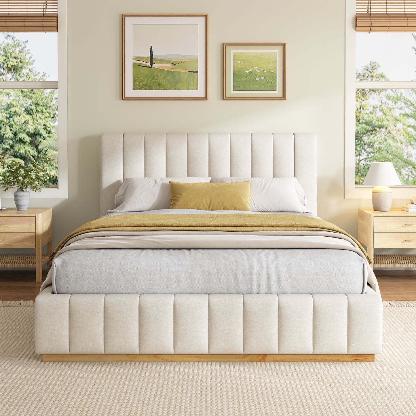 Cosima Beige Striped Fabric Upholstered Bed – Modern Minimalist Platform Design with Elegant Subtle Lines for Serene Contemporary Bedrooms