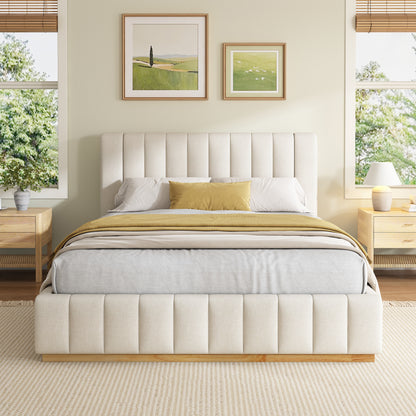 Cosima Beige Striped Fabric Upholstered Bed – Modern Minimalist Platform Design with Elegant Subtle Lines for Serene Contemporary Bedrooms