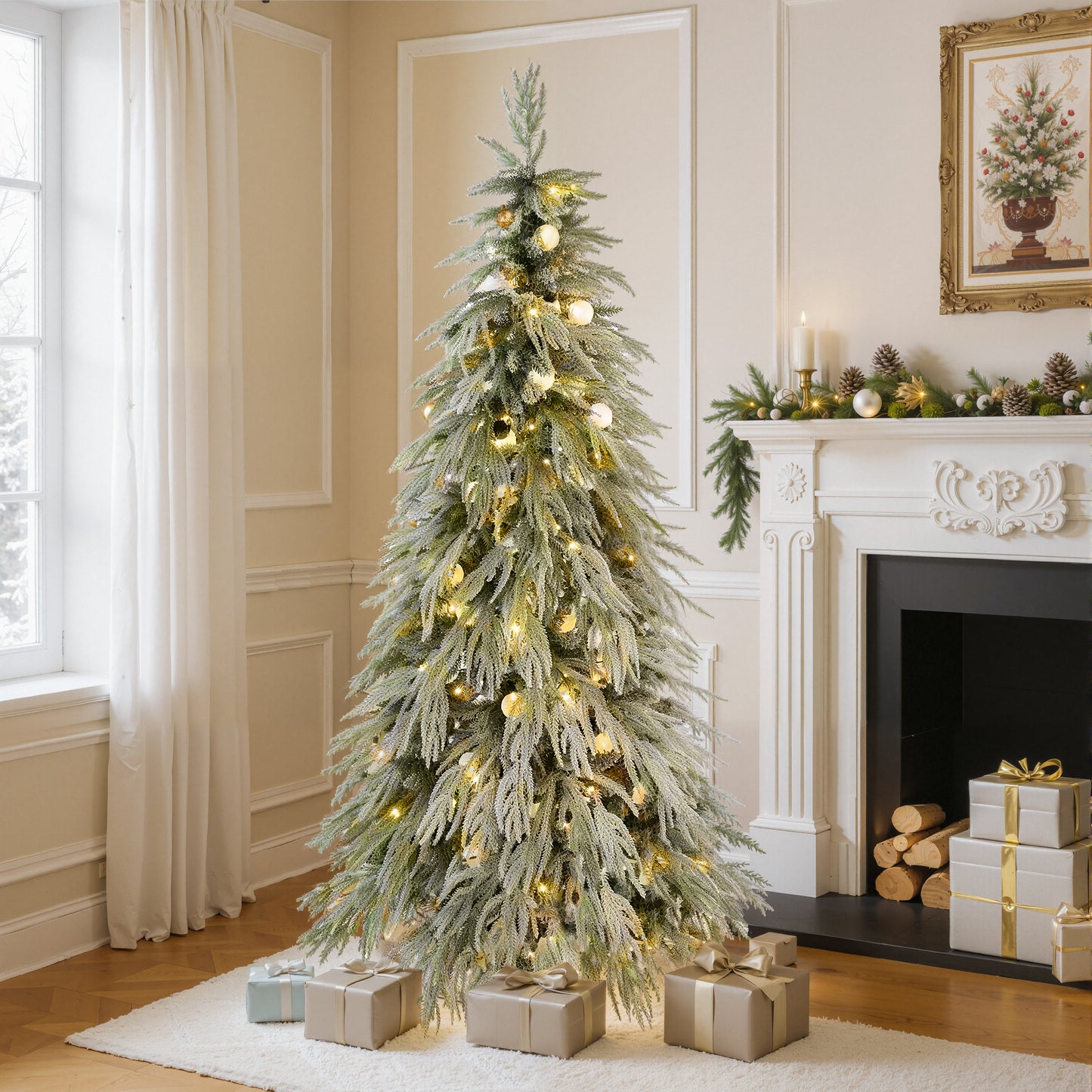 Stellan 6FT Pre-Lit Spruce Snow Flocked Christmas Tree, Artificial Hinged Xmas Tree with LED Lights, Holiday Office Home Décor