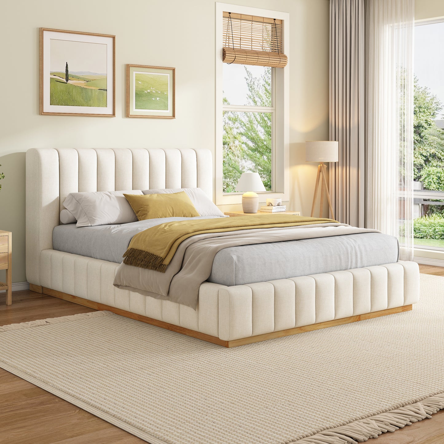 Cosima Beige Striped Fabric Upholstered Bed – Modern Minimalist Platform Design with Elegant Subtle Lines for Serene Contemporary Bedrooms