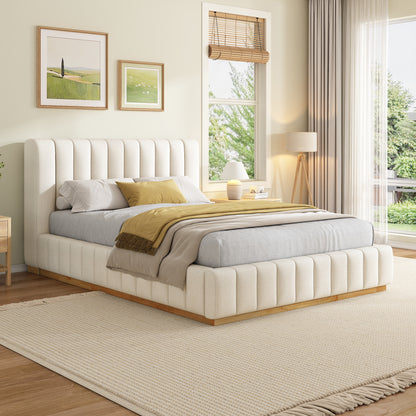 Cosima Beige Striped Fabric Upholstered Bed – Modern Minimalist Platform Design with Elegant Subtle Lines for Serene Contemporary Bedrooms