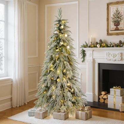 Stellan 5FT Pre-Lit Spruce Snow Flocked Christmas Tree, Artificial Hinged Xmas Tree with LED Lights, Holiday Office Home Décor
