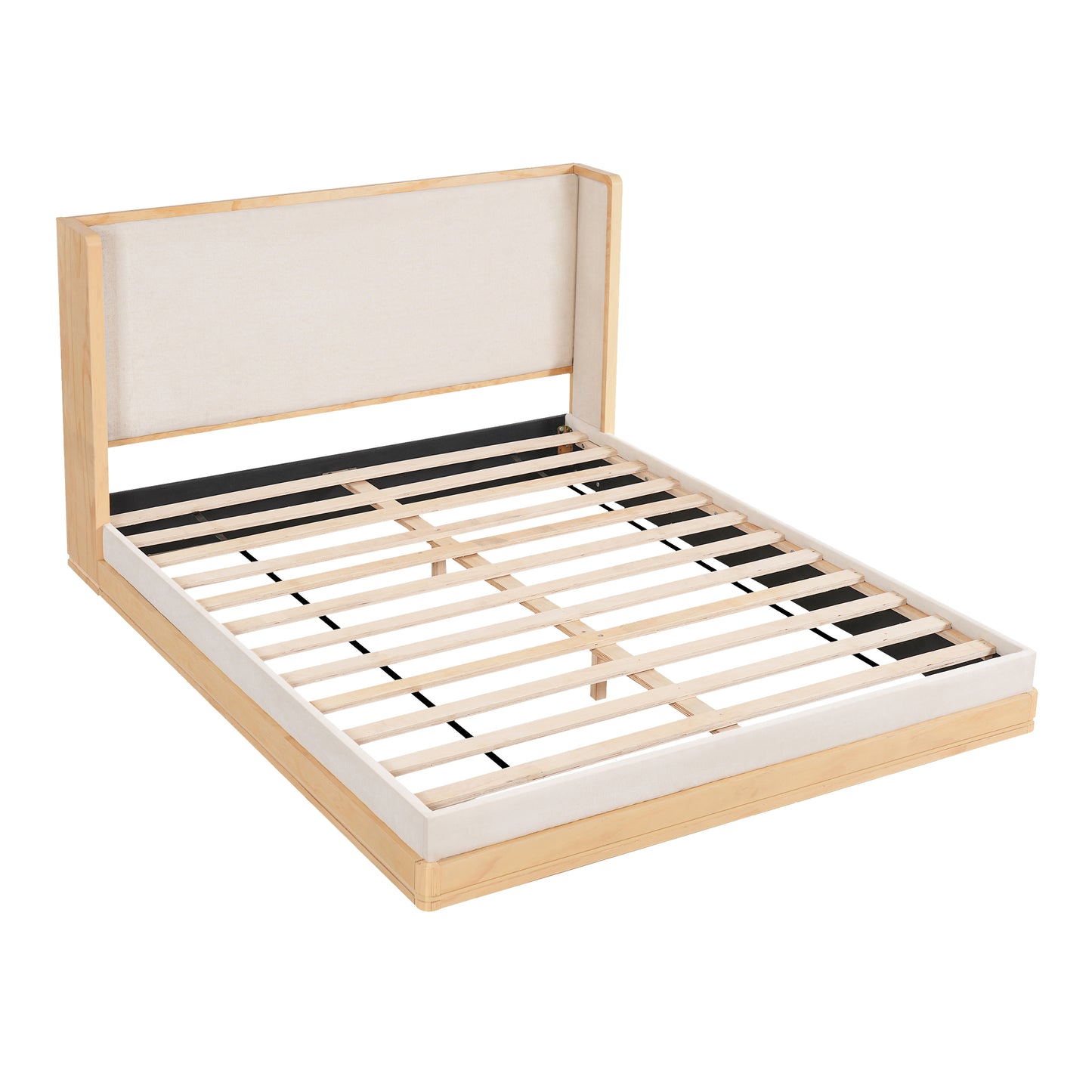 Wyndham Mid-Century Modern Wood Platform Bed – Warm Natural Frame with Beige Upholstered Headboard for Timeless Sophisticated Bedroom Retreat