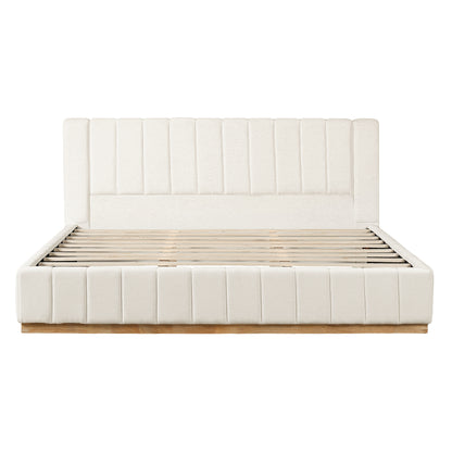 Cosima Beige Striped Fabric Upholstered Bed – Modern Minimalist Platform Design with Elegant Subtle Lines for Serene Contemporary Bedrooms