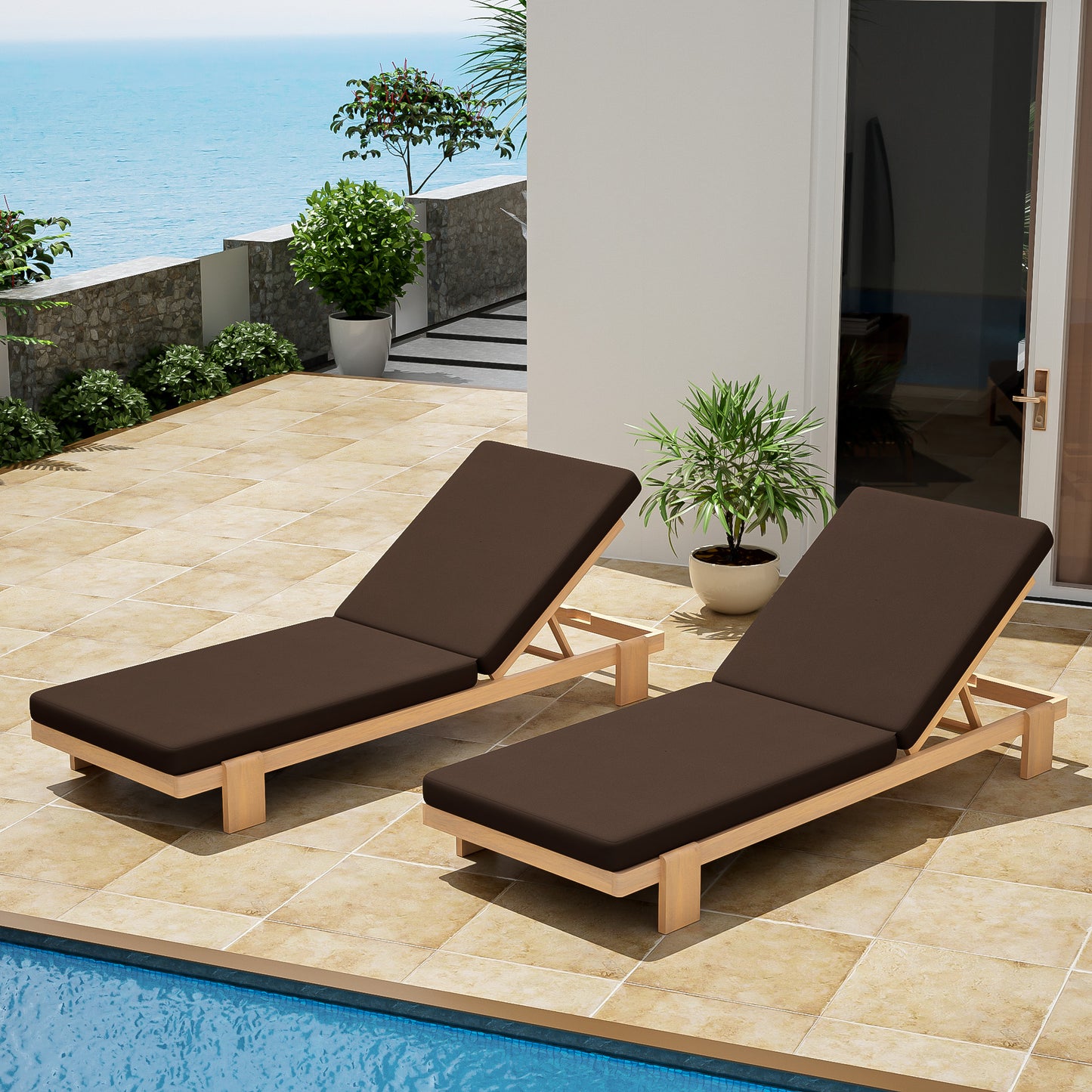 Enchang Outdoor Acacia Wood Chaise Lounge, Teak Frame, with Cushion