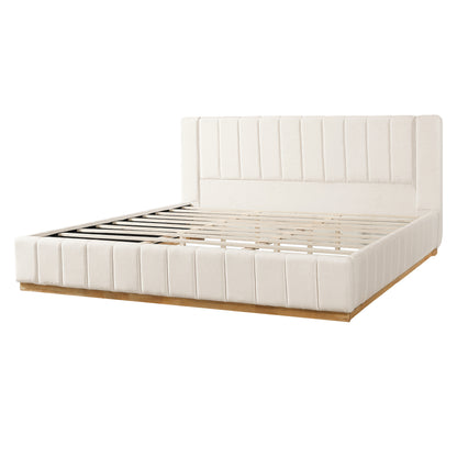 Cosima Beige Striped Fabric Upholstered Bed – Modern Minimalist Platform Design with Elegant Subtle Lines for Serene Contemporary Bedrooms