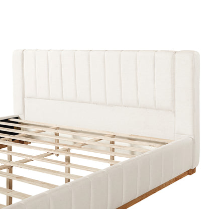 Cosima Beige Striped Fabric Upholstered Bed – Modern Minimalist Platform Design with Elegant Subtle Lines for Serene Contemporary Bedrooms