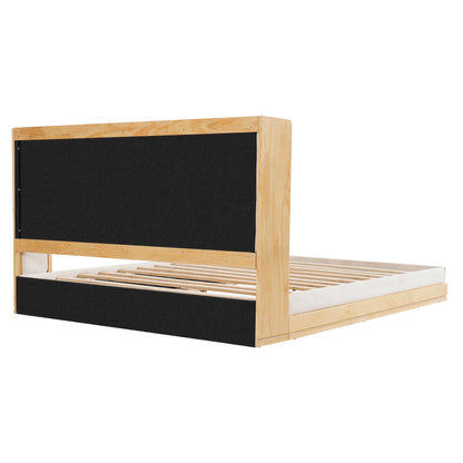 Wyndham Mid-Century Modern Wood Platform Bed – Warm Natural Frame with Beige Upholstered Headboard for Timeless Sophisticated Bedroom Retreat