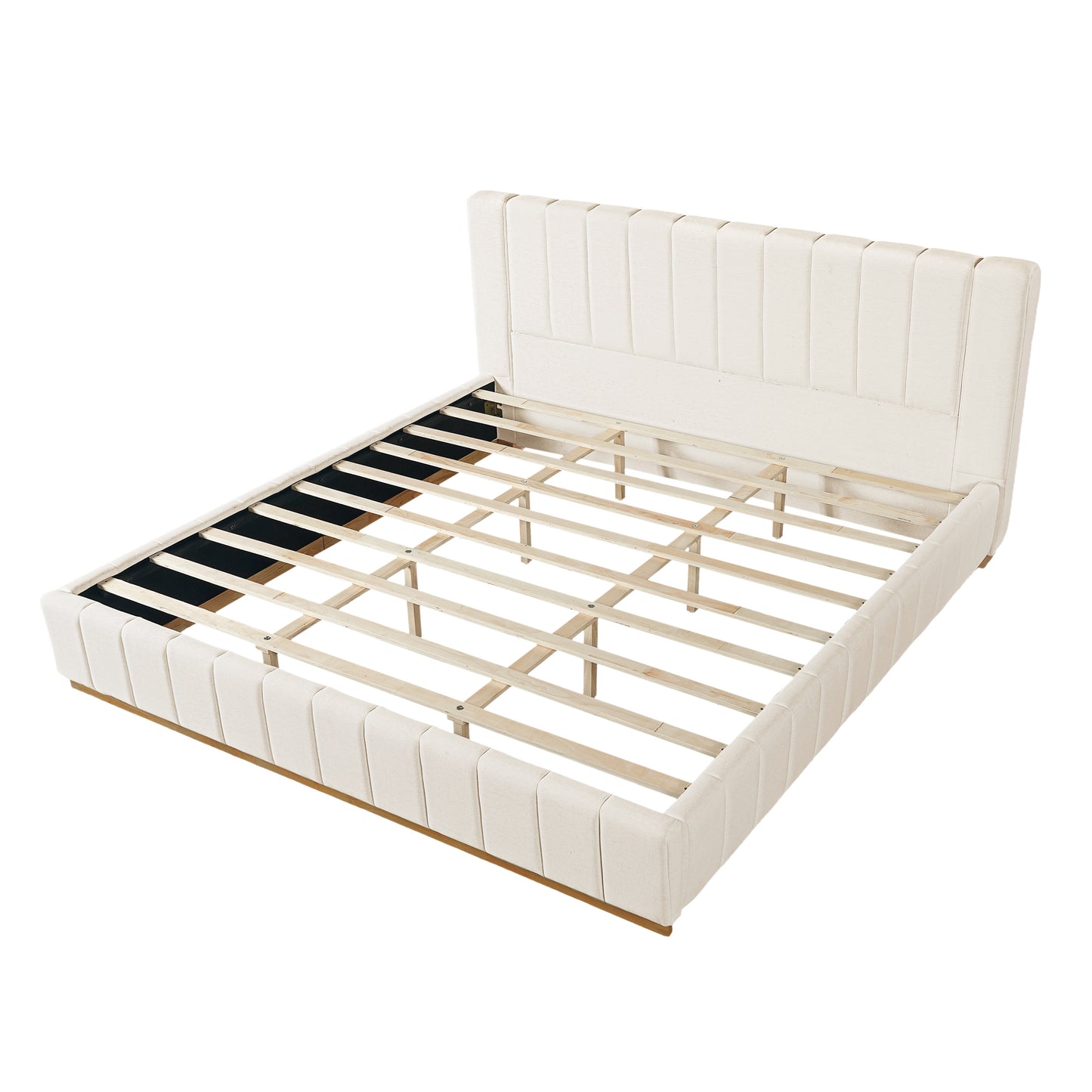 Cosima Beige Striped Fabric Upholstered Bed – Modern Minimalist Platform Design with Elegant Subtle Lines for Serene Contemporary Bedrooms