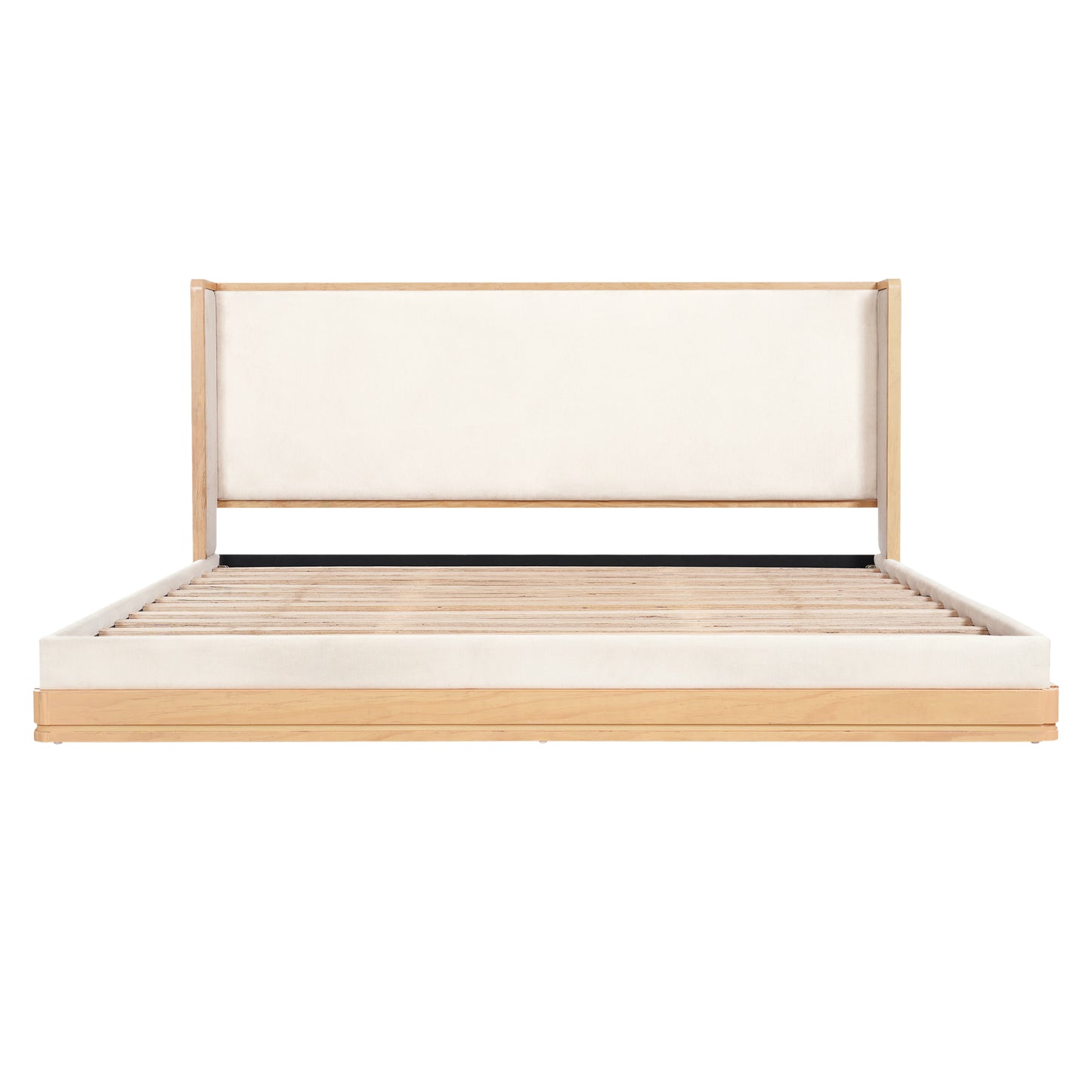 Wyndham Mid-Century Modern Wood Platform Bed – Warm Natural Frame with Beige Upholstered Headboard for Timeless Sophisticated Bedroom Retreat