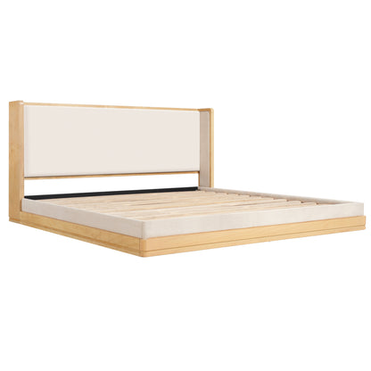 Wyndham Mid-Century Modern Wood Platform Bed – Warm Natural Frame with Beige Upholstered Headboard for Timeless Sophisticated Bedroom Retreat