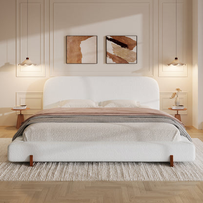 Maren Unique Design, White Fabric and Solid Wood Legs Upholstered Bed Frame