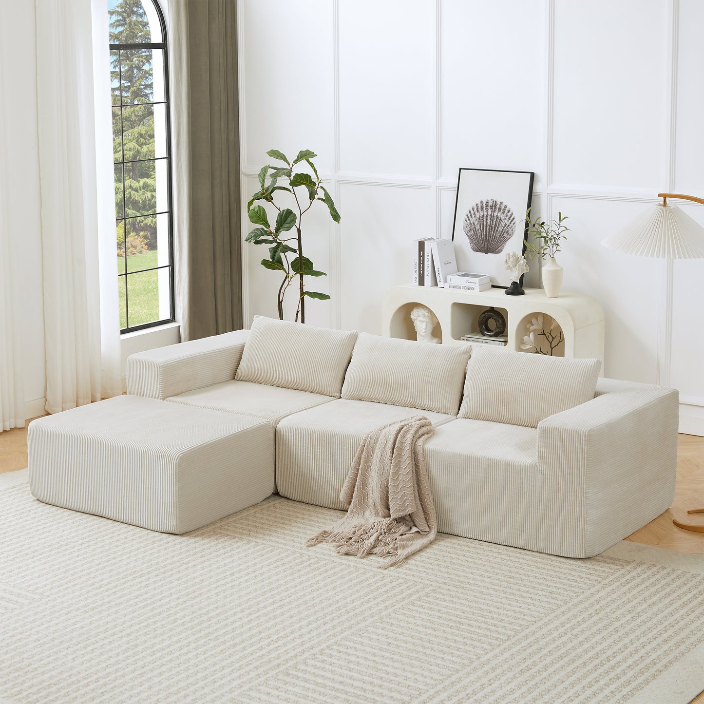 Fintin 107" Corduroy Modular Sectional Sofa with Ottoman, Zero Assembly Cloud Couch, Free Combination Design