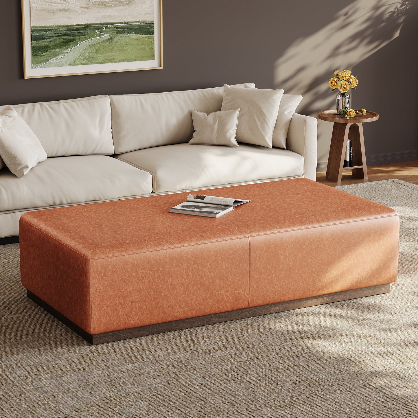 Kenelm Brown Faux Leather Ottoman – Rich Soft PU Upholstery with Sturdy Wood Frame for Warm Modern Primary Living Elegance