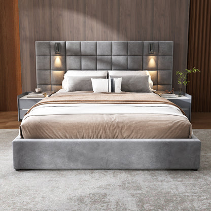 Elara Upholstered bed,with reading lamp and USB port, wide headboard,without bedside tables and mattress
