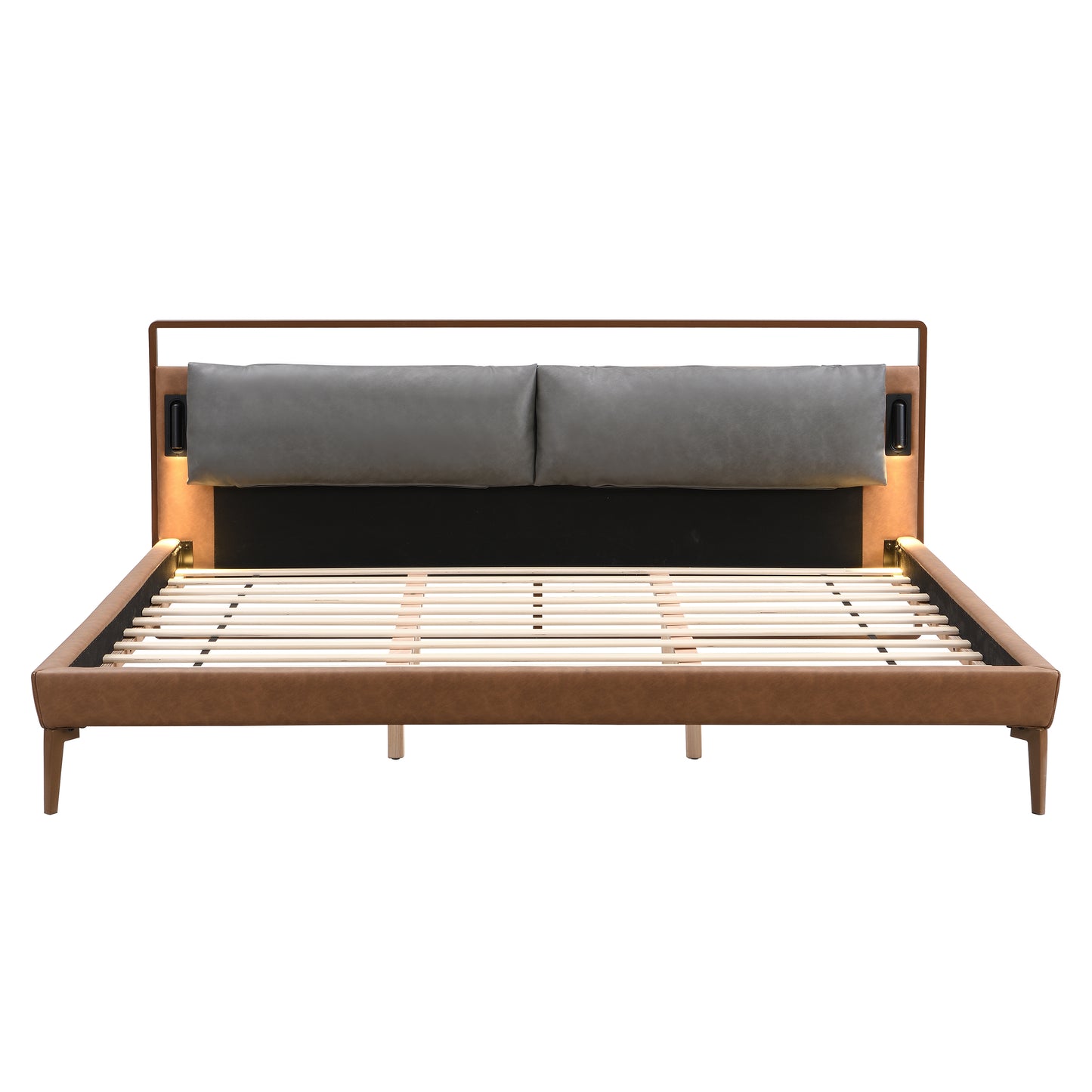 Mireva Brown&Gray Leather King Bed with 2pcs Night Lights