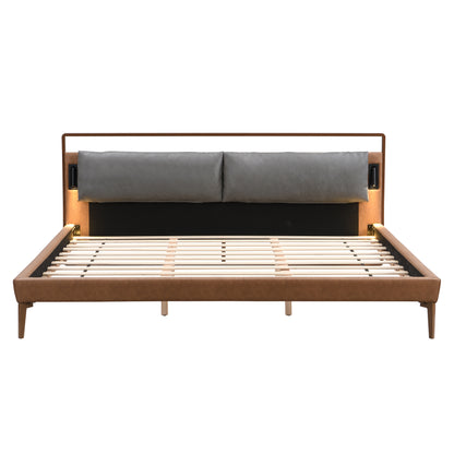 Mireva Brown&Gray Leather King Bed with 2pcs Night Lights