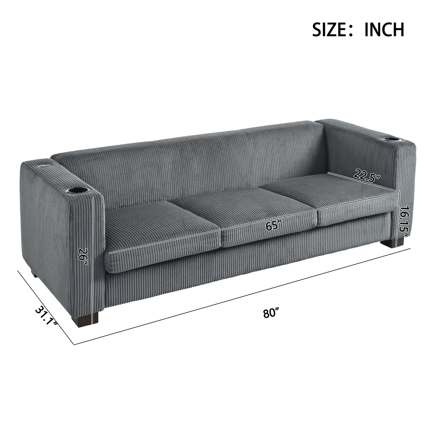 Modern three-seat Solid Wood sofa in striped finish with two cup holders