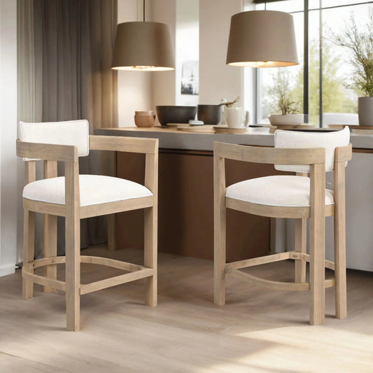 Burl Set of 2 Ryland Modern 26" Counter Height Bar Stools, Fabric Upholstered Counter Stools,Wooden Kitchen Island Armchair with Footrest, Round Backrest, Soft Seating,Beige+Natural