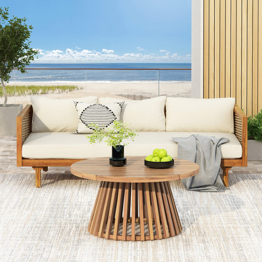 Xenath Outdoor Patio Furnitre Sets 3 Pieces,3 Seater Daybed With Rattan Arms  + Acacia Wood Table