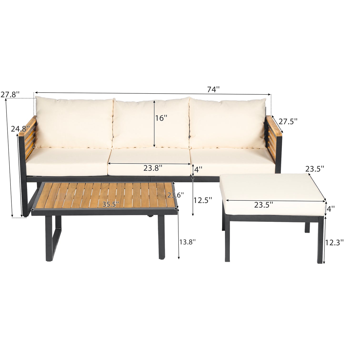 Asher Outdoor 3-piece Acacia Wood and Metal Patio Sofa Set