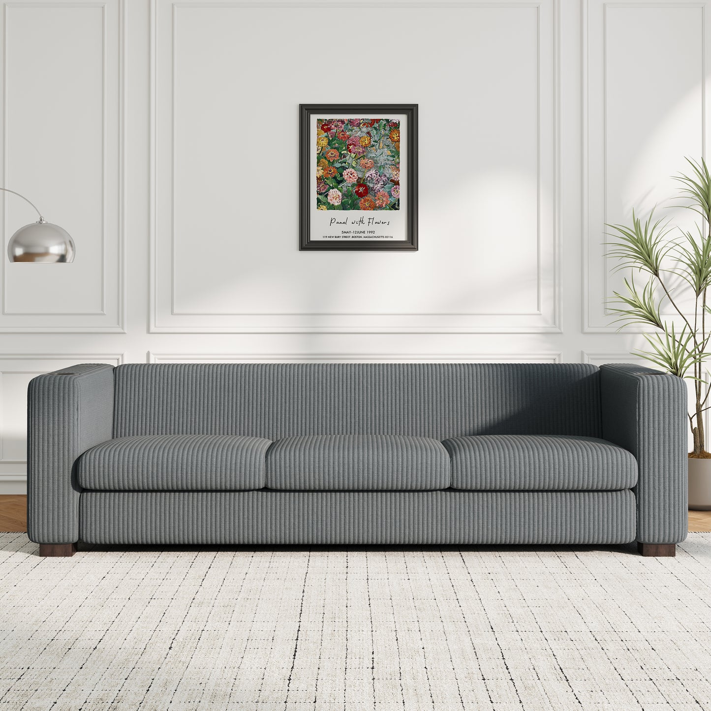 Modern three-seat Solid Wood sofa in striped finish with two cup holders