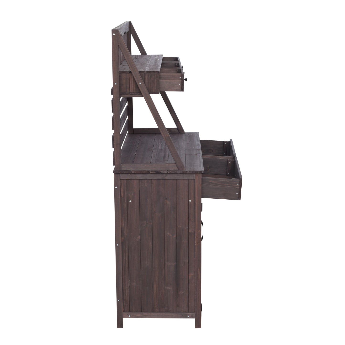 Quirion Brown Fir Wood Potting Bench with Slatted Back Panel & Storage Cabinet & Drawer