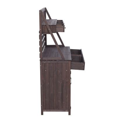 Quirion Brown Fir Wood Potting Bench with Slatted Back Panel & Storage Cabinet & Drawer