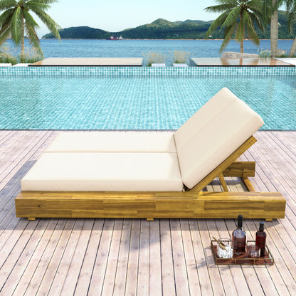 Junipar Outdoor Double Chaise Lounge, Acacia Wood, 4 Position Adjustable Back, 800lbs Capacity