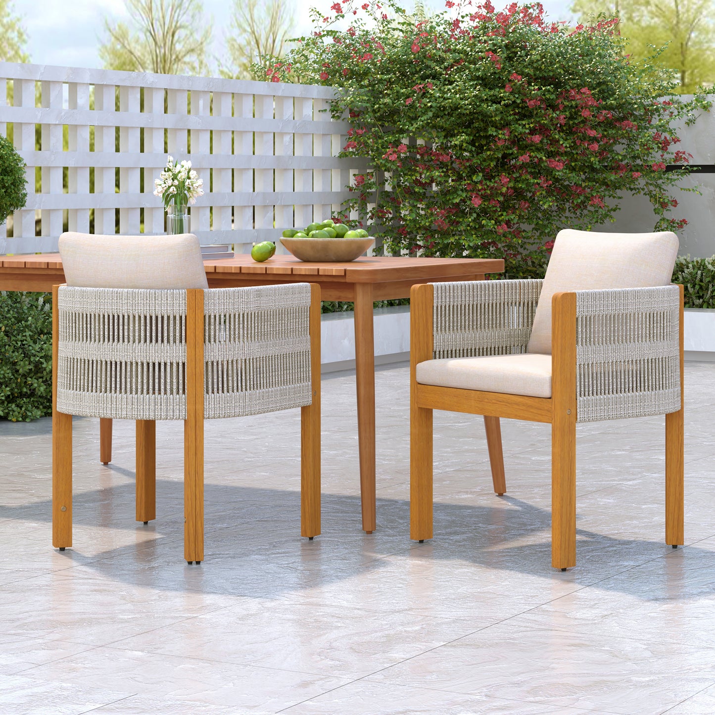 Godric Acacia Wood Outdoor Dining Chairs 2-Pack with Mix White Rope Handles, Washable Waterproof Beige Cushions, 400 lbs Capacity