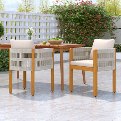 Godric Acacia Wood Outdoor Dining Chairs 2-Pack with Mix White Rope Handles, Washable Waterproof Beige Cushions, 400 lbs Capacity