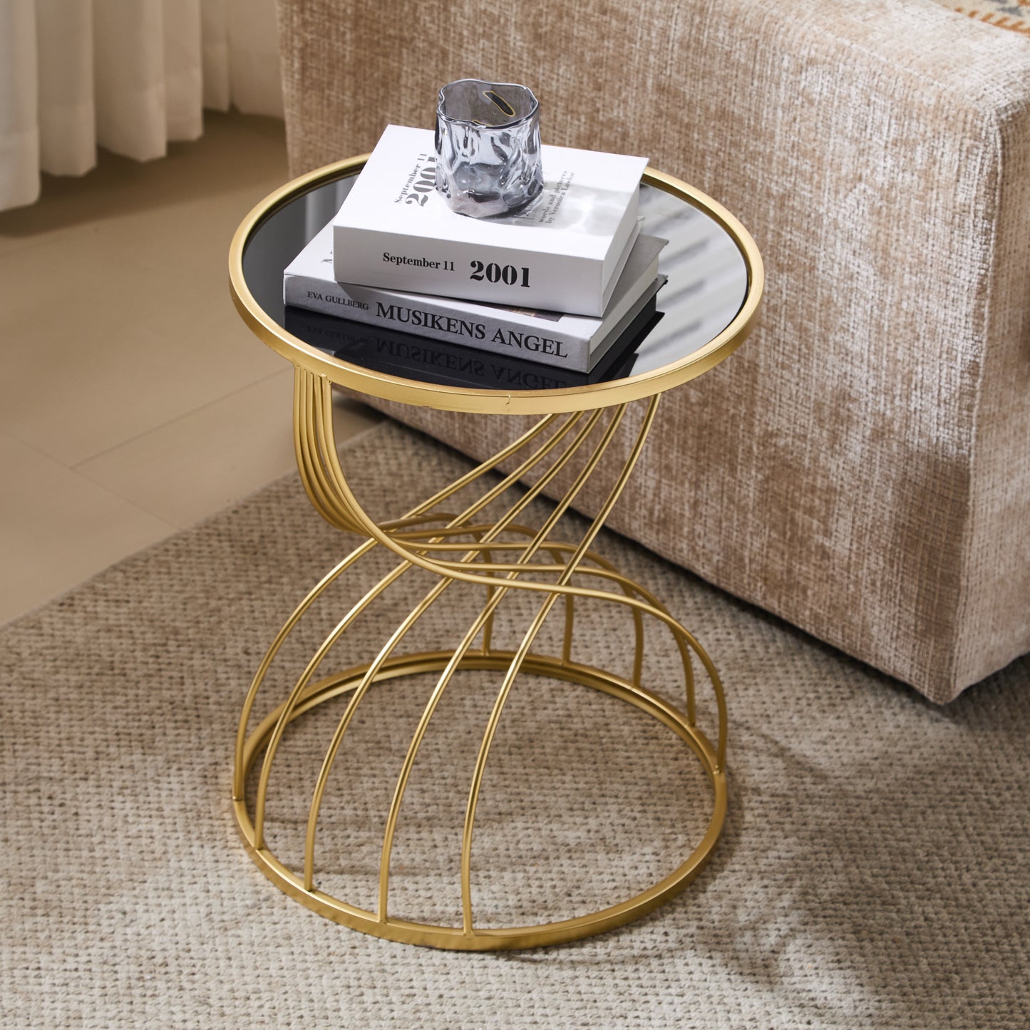 Rileas Modern Side Table Golden Metal Frame+Black MIirror Top