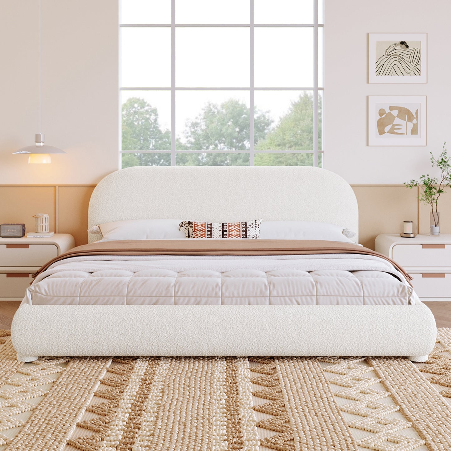 Calla Cream Style Fabric Upholstered Bed, Simple Modern Bedroom Double Bed