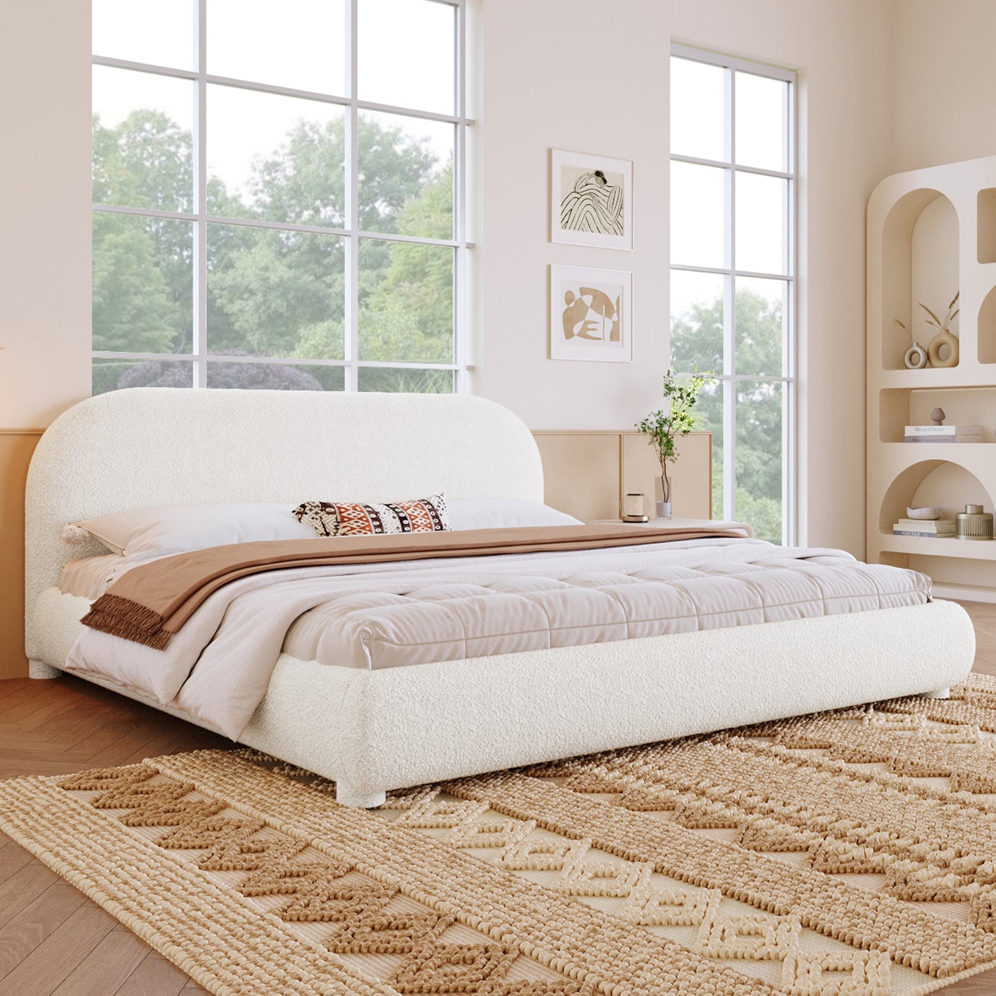 Calla Cream Style Fabric Upholstered Bed, Simple Modern Bedroom Double Bed