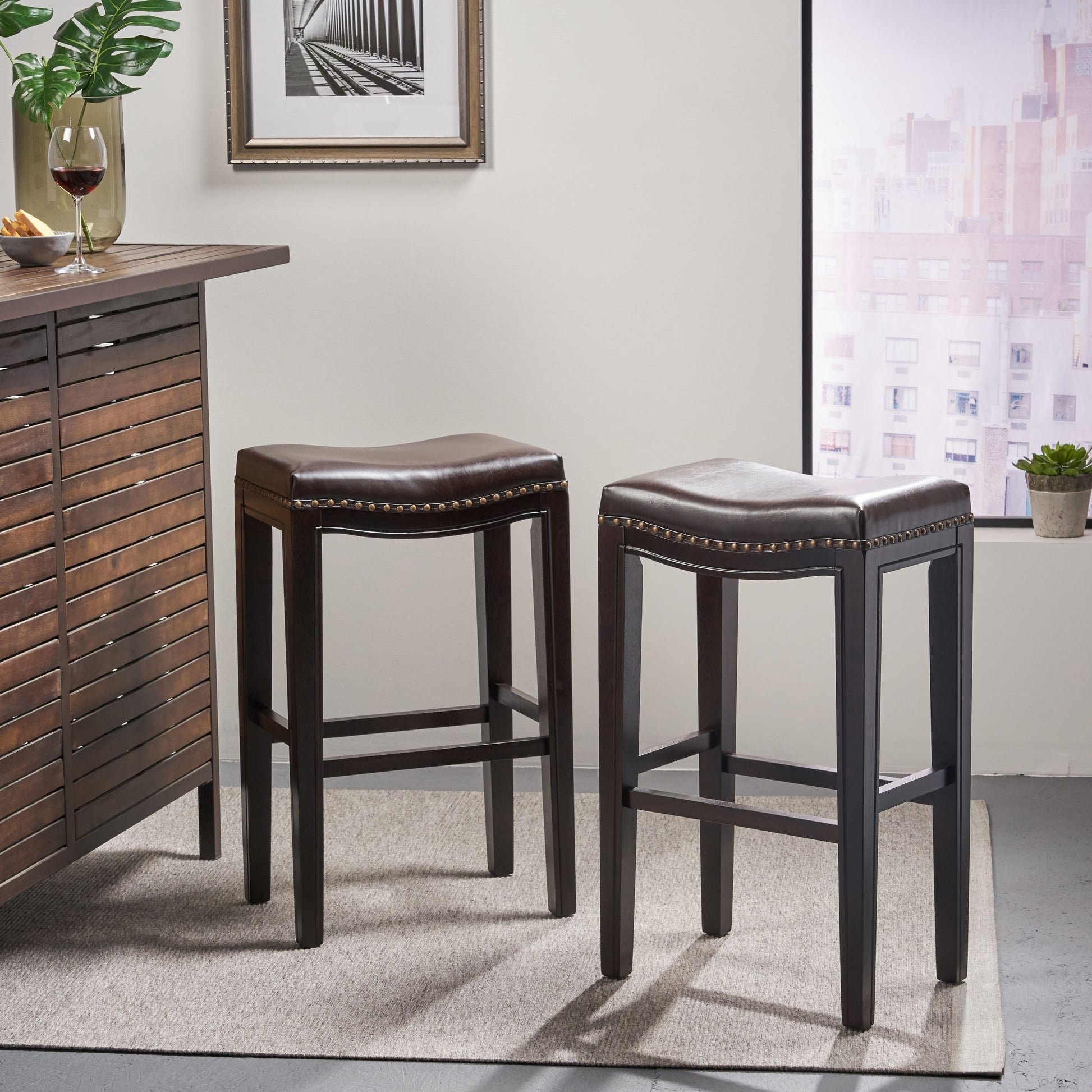 Aeris Vape Wooden Studded Barstool,Set of 2 GDFStudio Aeris Vape Wooden Studded Barstool,Set of 2 GDFStudio