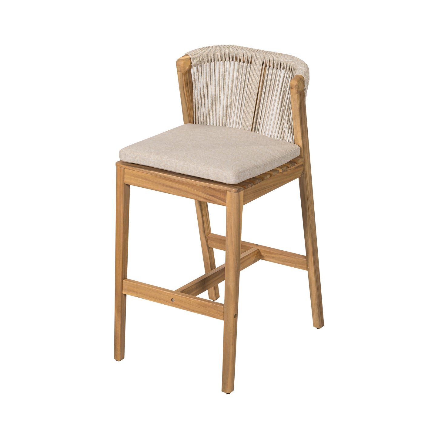 Ylisora Outdoor Barstool, Teak Finished Wood with Beige Cushion, Set of 2