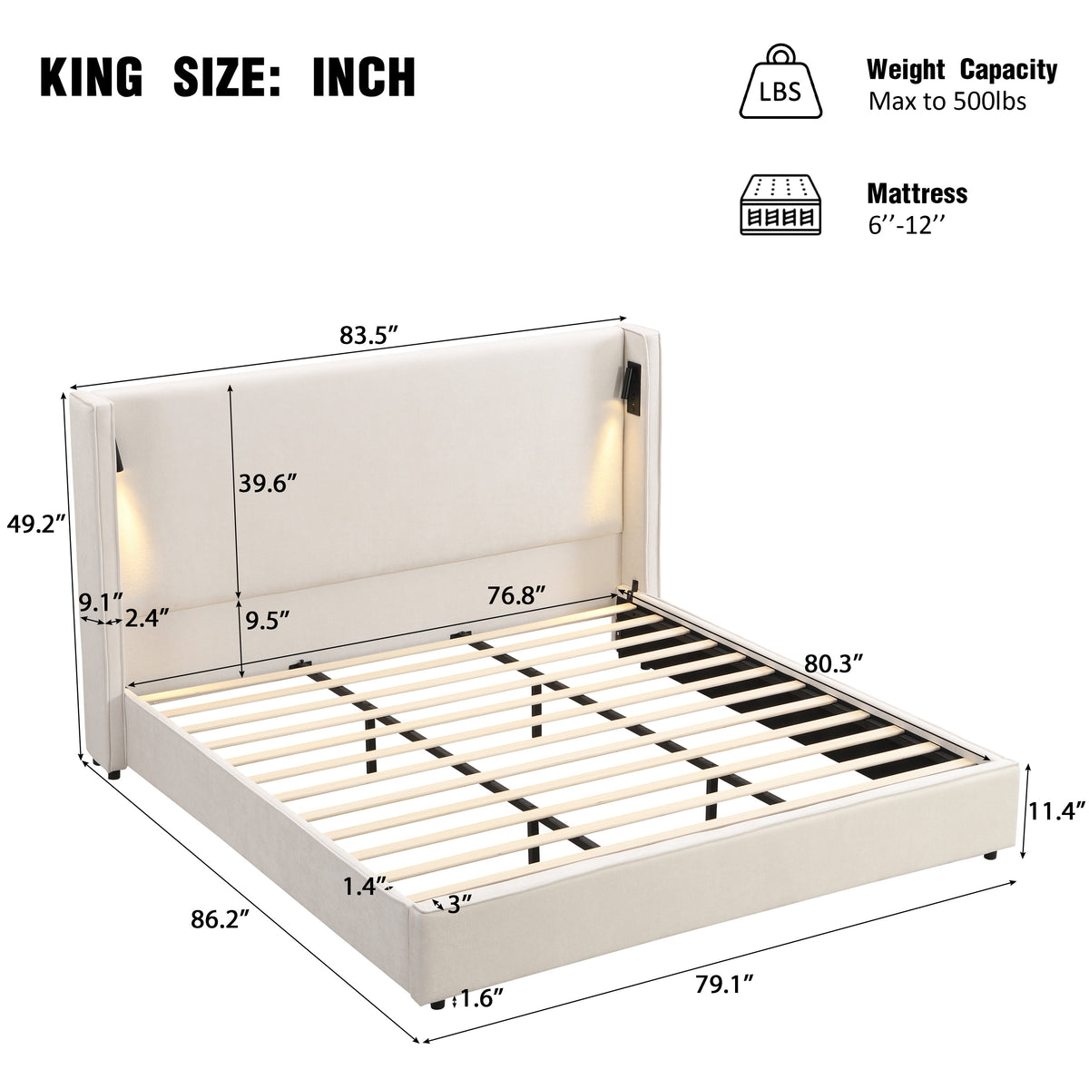 Armoire Hazel 49.20" H King Headboard Bed, Upholstered King Size Bed, Slats Panel Support Platform, No Spring Box Needed, Wingback Headboard with Reading Lamps and USB, Beige