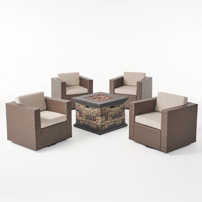 Venice Outdoor 5 Piece Chat Set with Brown Wicker Club Chairs and Fire Pit