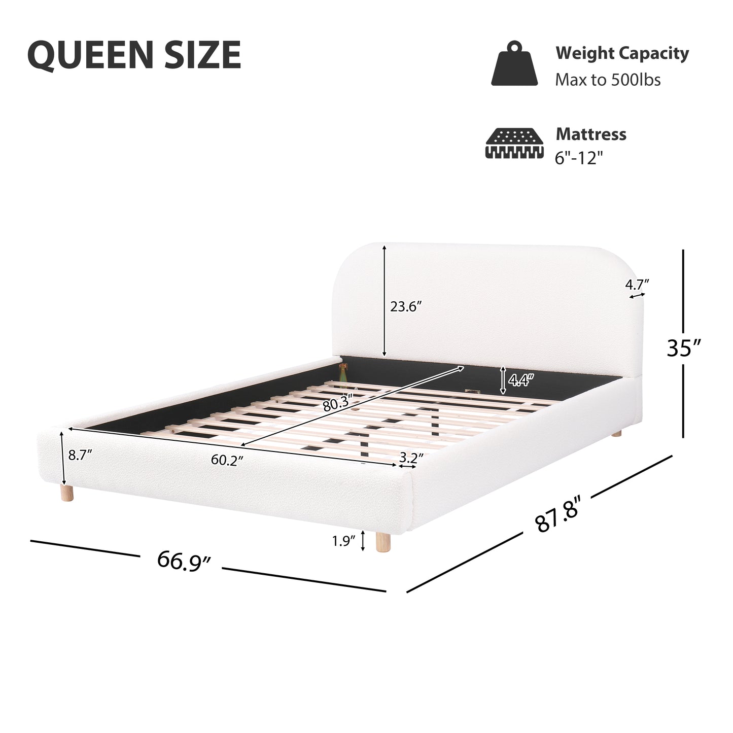 Selah Platform Bed, Boucle Fabric Upholstered Platform Bed,Curve-Shaped Design Headboard