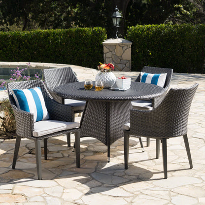 Leeward Outdoor 5 Piece Wicker Round Dining Set with Water Resistant Cushions