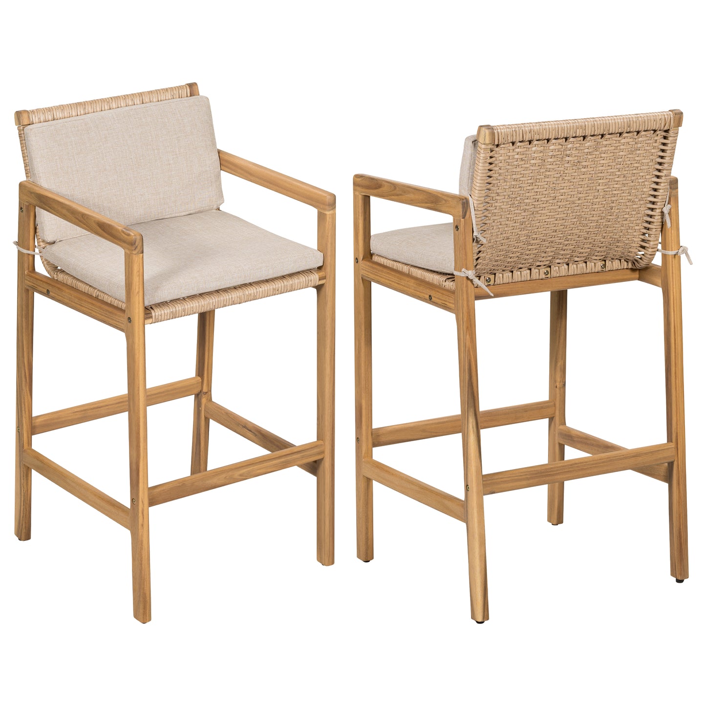 Yliraeth Wood Outdoor Barstool, Teak Finished Wood with Beige Cushion, Set of 2