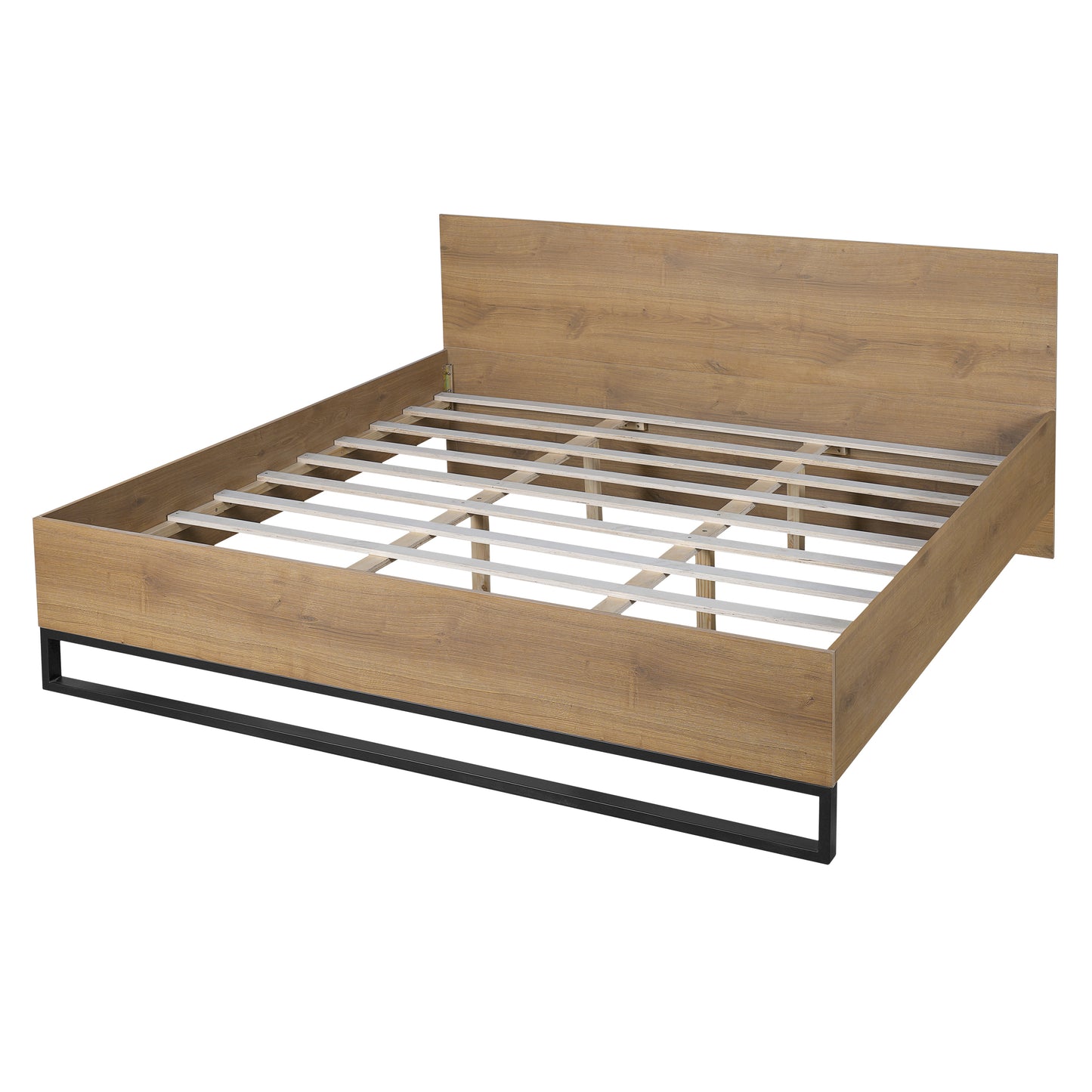 Ketura Two-Tone Aesthetic Engineered Wood Bed Frame in Natural Wood Grain and Matte Black Metal Leg