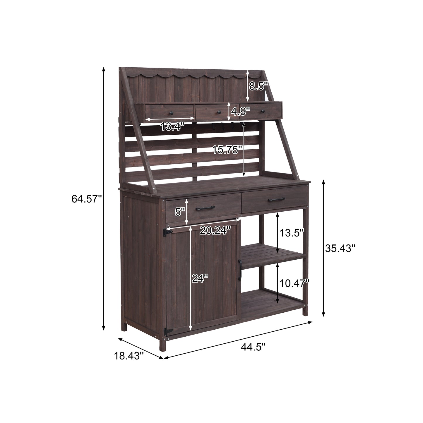 Quirion Brown Fir Wood Potting Bench with Slatted Back Panel & Storage Cabinet & Drawer