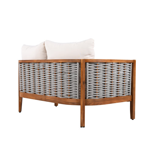 ThruBeam 2 Pieces Acacia Wood Patio Furniture Set, Loveseat with Woven Rope Table