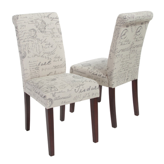 Cosette Script Printed Beige Linen Dining Chairs (Set of 2)
