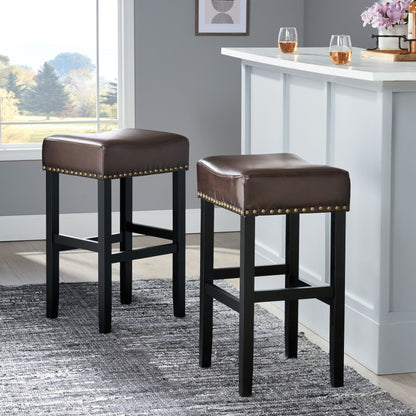 Ogden Contemporary Faux Leather 30 Inch Backless Barstool (Set of 2), Brown and Matte Black
